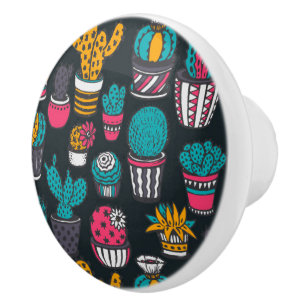 Hand Drawn Cactus in Sketch Style Pattern Ceramic Knob