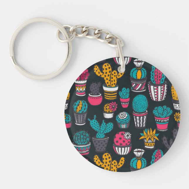 Hand Drawn Cactus in Sketch Style Pattern Key Ring (Front)