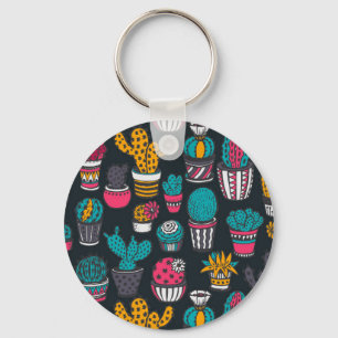 Hand Drawn Cactus in Sketch Style Pattern Key Ring