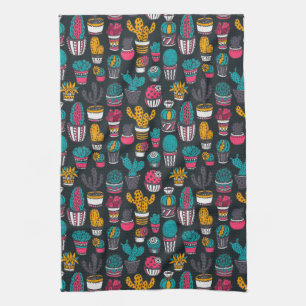 Hand Drawn Cactus in Sketch Style Pattern Tea Towel