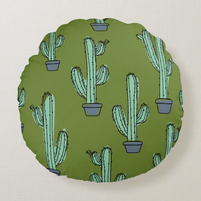 Hand drawn cactus pattern round cushion (Front)