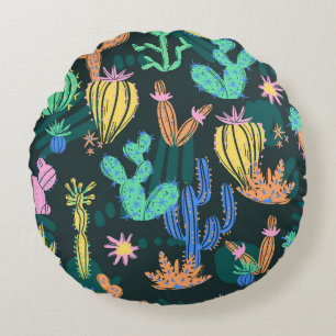 Hand-drawn cactus: Scandinavian seamless. Round Cushion