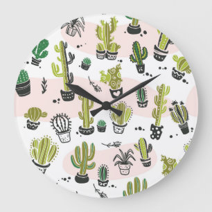 Hand-drawn cactus: vintage seamless. large clock