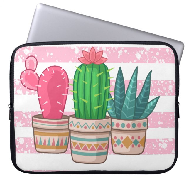 hand drawn cactus with stripes background laptop sleeve (Front)