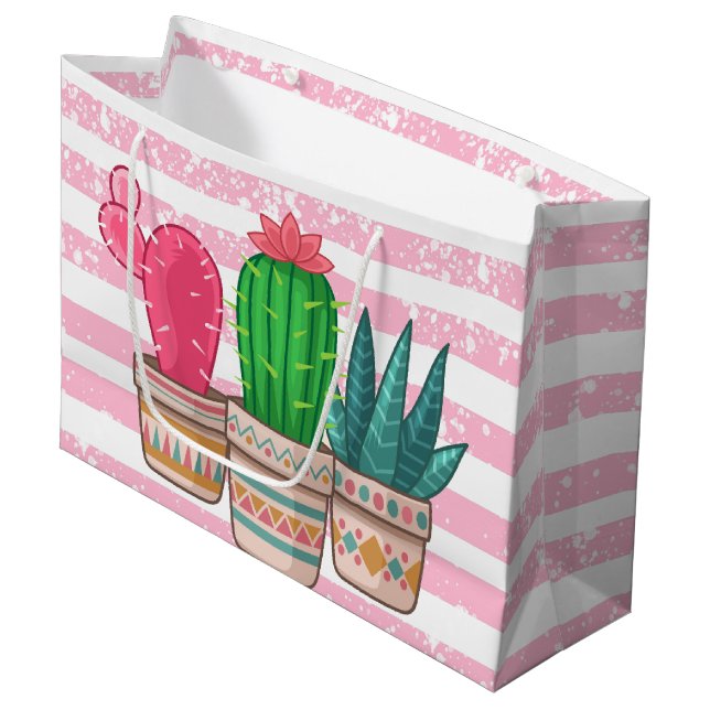 hand drawn cactus with stripes background large gift bag (Front Angled)