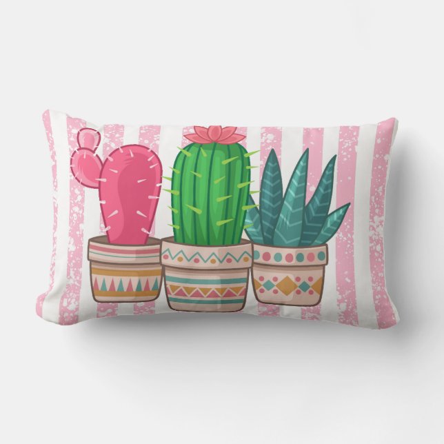 hand drawn cactus with stripes background lumbar cushion (Front)