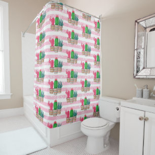hand drawn cactus with stripes shower curtain