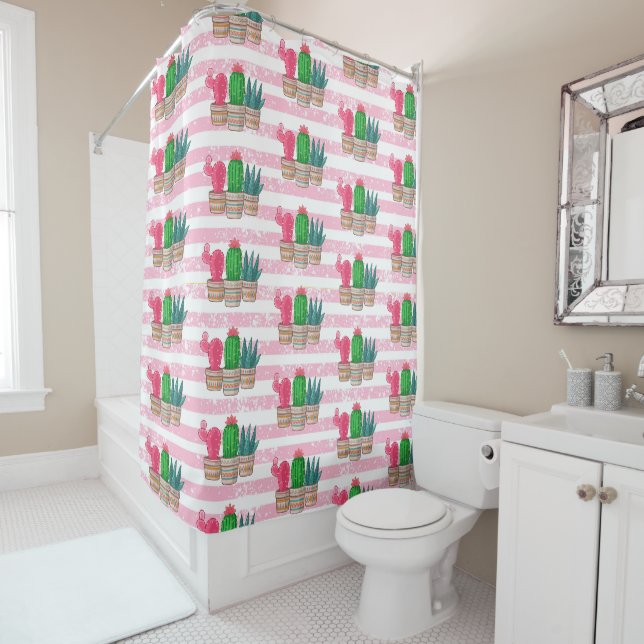 hand drawn cactus with stripes shower curtain (In Situ)