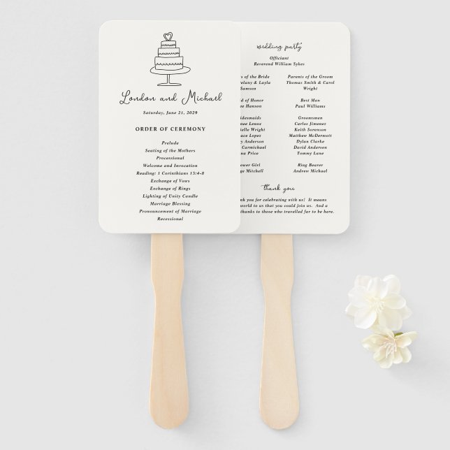 Hand Drawn Cake Doodle Modern Wedding Program Hand Fan (Front and Back)