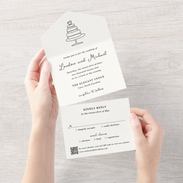 Hand Drawn Cake Doodle QR Code Modern Wedding All In One Invitation (Tearaway)