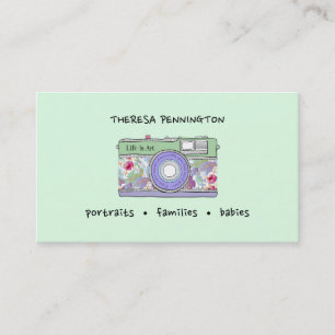 Hand Drawn Camera Floral Lavender Mint Green Photo Business Card