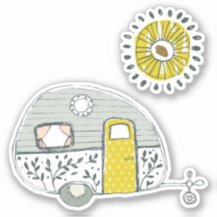 Hand drawn camper trailer yellow sun with rays