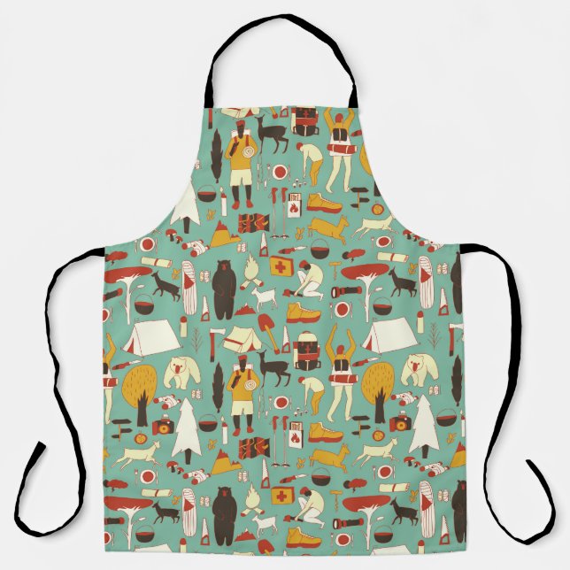 Hand-drawn camping, retro seamless pattern. apron (Front)
