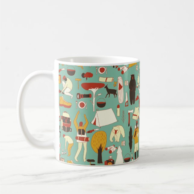 Hand-drawn camping, retro seamless pattern. coffee mug (Left)