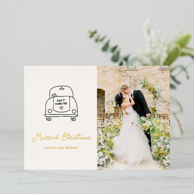 Hand Drawn Car Doodle Modern Newlywed Christmas Foil Holiday Card (Standing Front)