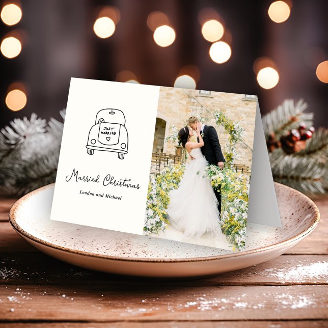 Hand Drawn Car Doodle Modern Newlywed Christmas Holiday Card (Creator Uploaded)