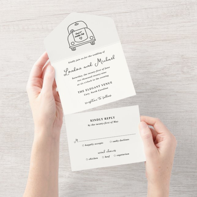 Hand Drawn Car Doodle Modern Wedding All In One Invitation (Tearaway)
