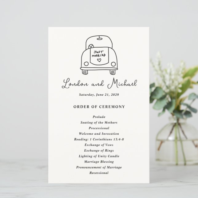 Hand Drawn Car Doodle Modern Wedding Program (Standing Front)