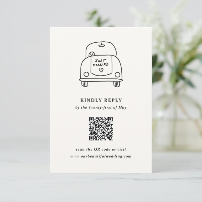 Hand Drawn Car Doodle Modern Wedding RSVP Card (Standing Front)