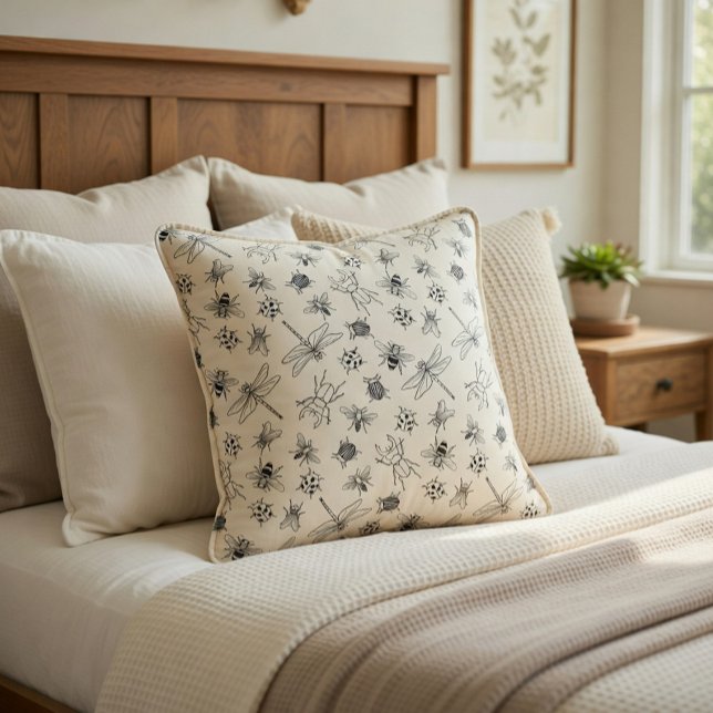 Hand-Drawn Cartoon Insects Pattern  Decorative Cushion (Creator Uploaded)