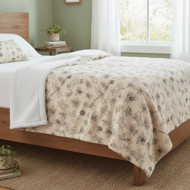 Hand-Drawn Cartoon Insects Pattern Throw Blanket (Creator Uploaded)