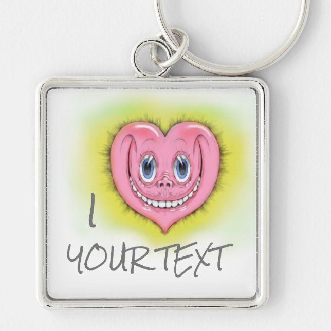 Hand Drawn Cartoon Smiling Cute Pink I Heart  Key Ring (Front)