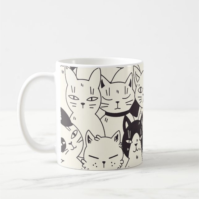Hand-drawn cats doodle seamless pattern. coffee mug (Left)