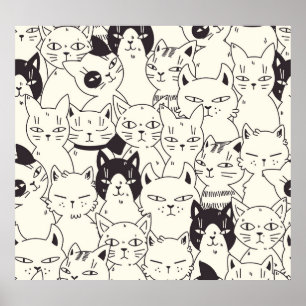 Hand-drawn cats doodle seamless pattern. poster