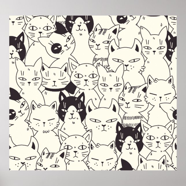Hand-drawn cats doodle seamless pattern. poster (Front)