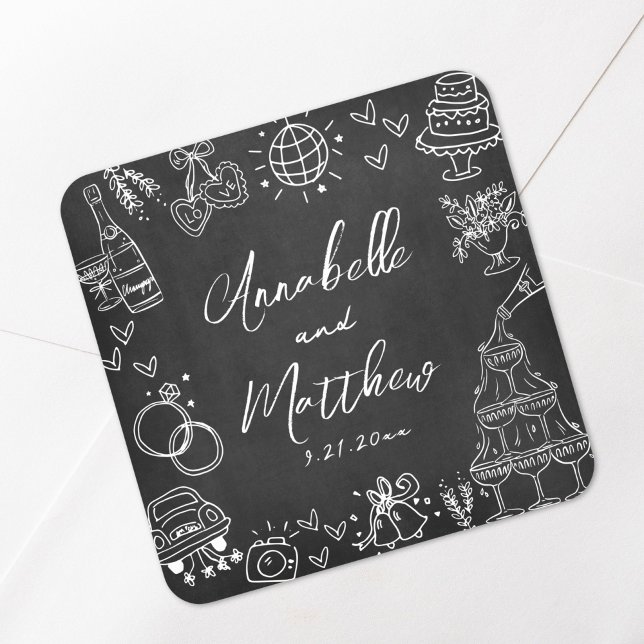 Hand Drawn Chalkboard Whimsical Wedding Square Sticker (Hand Drawn Chalkboard Whimsical Wedding Square Sticker)