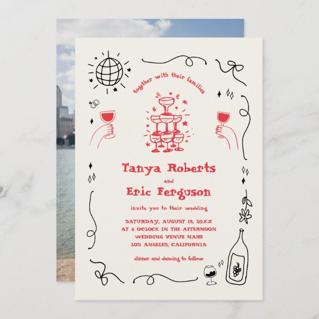 Hand Drawn Champagne Cocktail Whimsical Wedding Invitation (Front/Back)