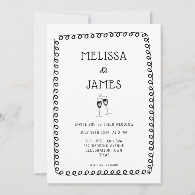 Hand Drawn Champagne Doodle Whimsical Wedding Invitation (Front)