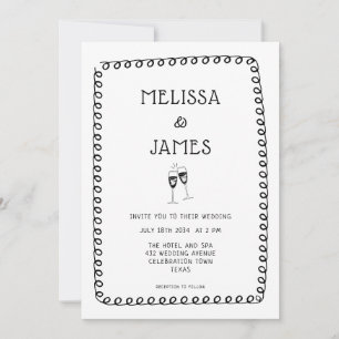 Hand Drawn Champagne Doodle Whimsical Wedding Invitation