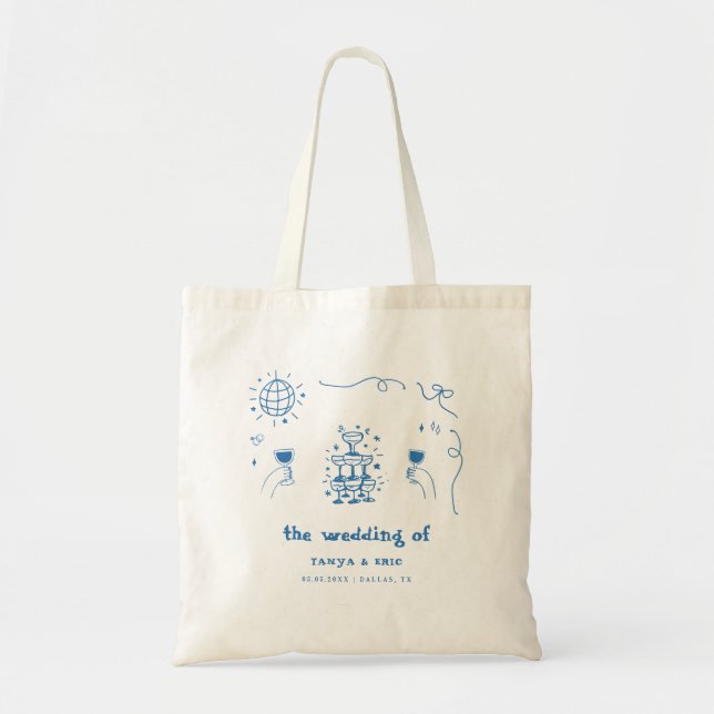 Hand Drawn Champagne French Disco Wedding Favour Tote Bag (Front)