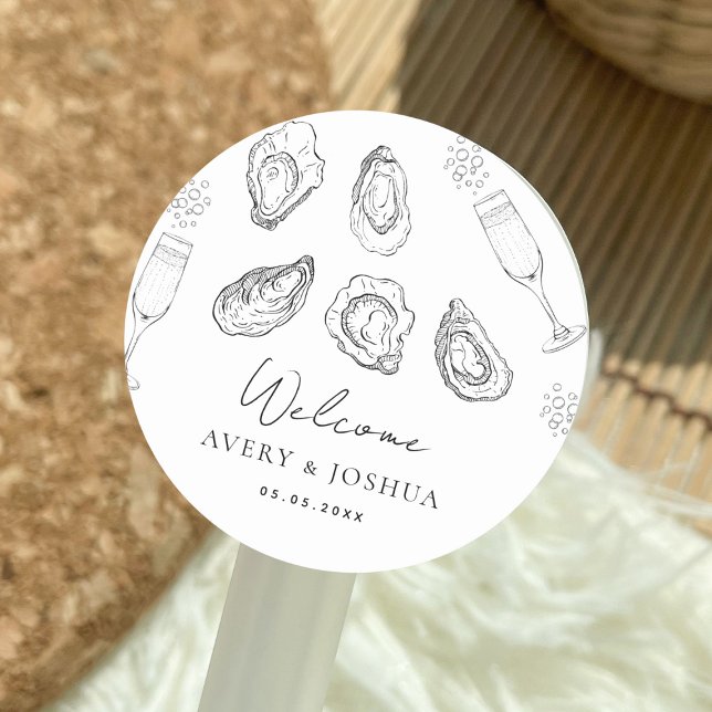 Hand Drawn Champagne & Oysters Roast Party Welcome Classic Round Sticker (Creator Uploaded)