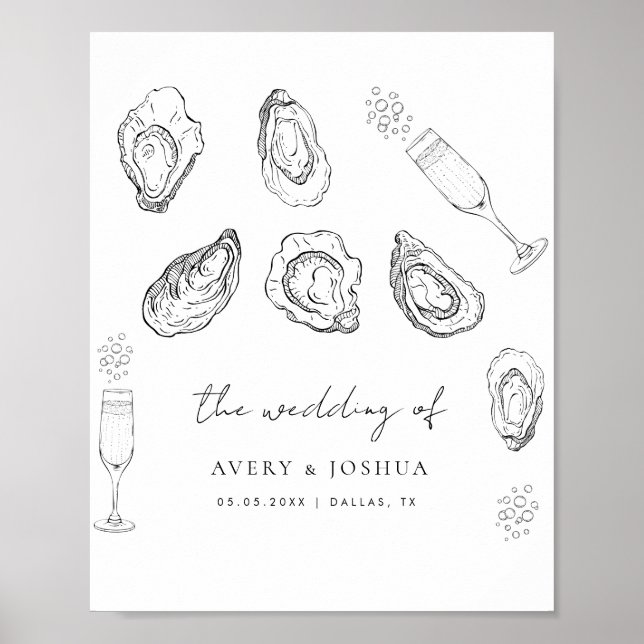 Hand Drawn Champagne Oysters Roast Wedding Favour Poster (Front)