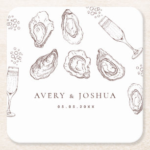 Hand Drawn Champagne & Oysters Roast Wedding Party Square Paper Coaster