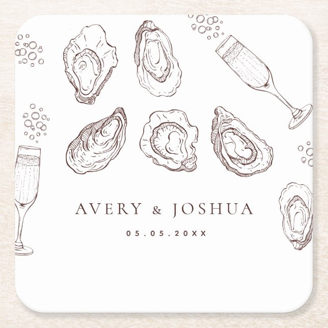 Hand Drawn Champagne & Oysters Roast Wedding Party Square Paper Coaster (Front)