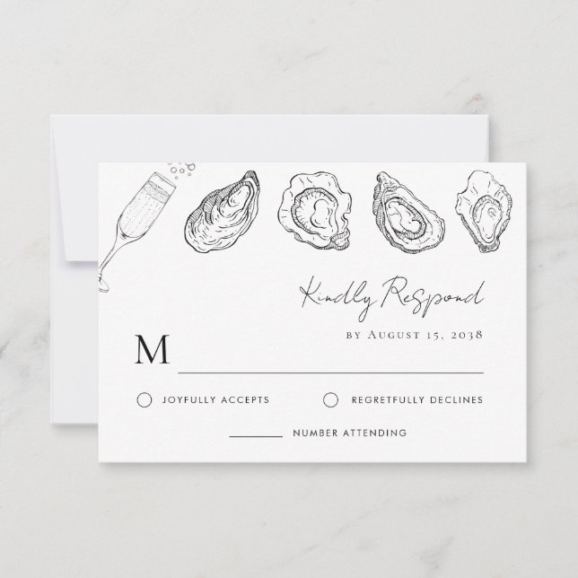 Hand Drawn Champagne Oysters Roast Wedding RSVP Card (Front)