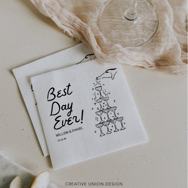 Hand Drawn Champagne Tower Best Day Ever Wedding Napkin (Creator Uploaded)