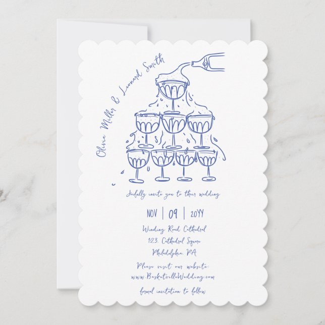 Hand-drawn champagne tower save the date wedding invitation (Front)