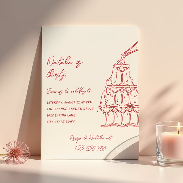 Hand Drawn Champagne Tower Thirty Fun Birthday Invitation (Creator Uploaded)