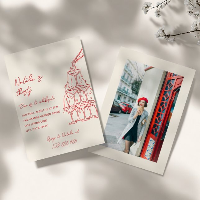 Hand Drawn Champagne Tower Thirty Photo Birthday Invitation (Creator Uploaded)