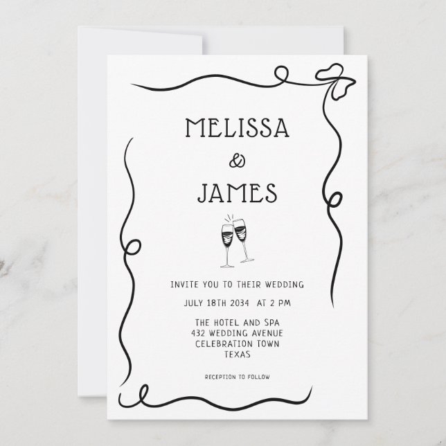 Hand Drawn Champagne Whimsical Wedding Invitation (Front)