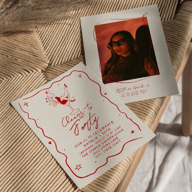 Hand Drawn Cheers To Forty 40th Photo Birthday Invitation (Creator Uploaded)