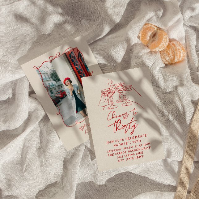 Hand Drawn Cheers To Thirty 30th Photo Birthday  Invitation (Creator Uploaded)