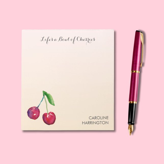 Hand-Drawn Cherries Cute Inspirational Coquette Notepad (Unique, hand-drawn red cherries lend romance and elegance to your notes and correspondence!)