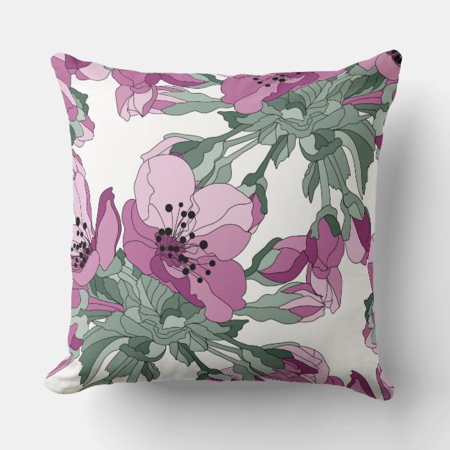 Hand drawn Cherry blossom minimal floral green Cushion (Front)