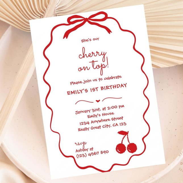 Hand Drawn Cherry on Top Birthday Invitation (Hand drawn Red Cherry On Top Birthday Invitation with Handwritten Scribble Font)