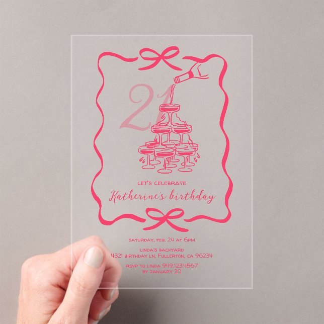 Hand Drawn Chic Pink Champagne 21st Birthday Party Acrylic Invitations (Insitu (Handheld))